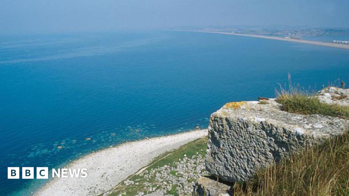 A view over Lyme Bay from Westcliffs in Portland. The weather is sunny. There is a stone in the foreground at the top of a cliff. The cliff is visible below as well as a beach and vast expanse of deep blue sea.
