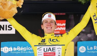 Tadej Pogacar celebrates his victory