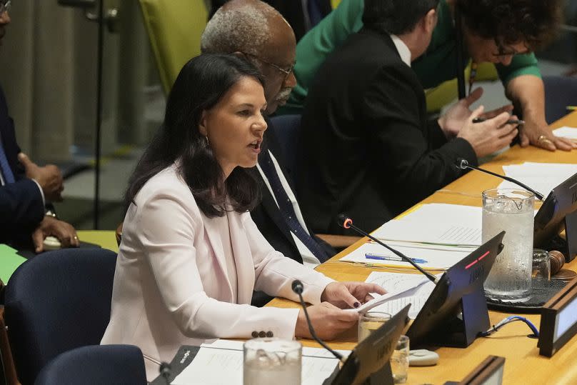 Former Germany Foreign Minister Annalena Baerbock addresses an informal interactive dialogue in the Trusteeship Council Chamber, at United Nations headquarters, May 2025.
