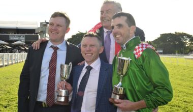 Trainers Corey (left) and Chris Munce (centre), owner Max Whitby (back) and jockey Martin Harley with the spoils of Cool Archie’s victory in the Group 1 JJ Atkins at Eagle Farm. Picture: Grant Peters / Trackside Photography