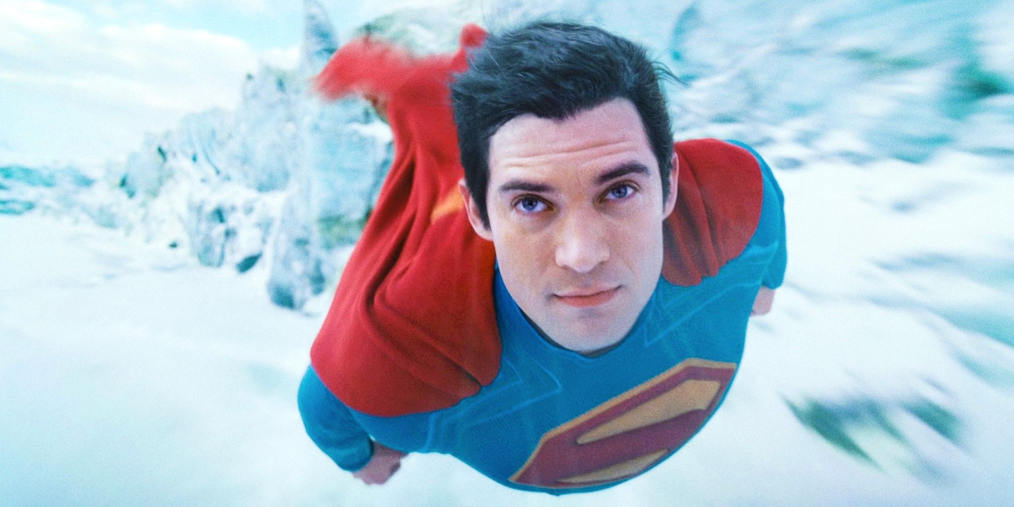 David Corenswet As Superman Flying Through Icy Landscape In Superman Movie
