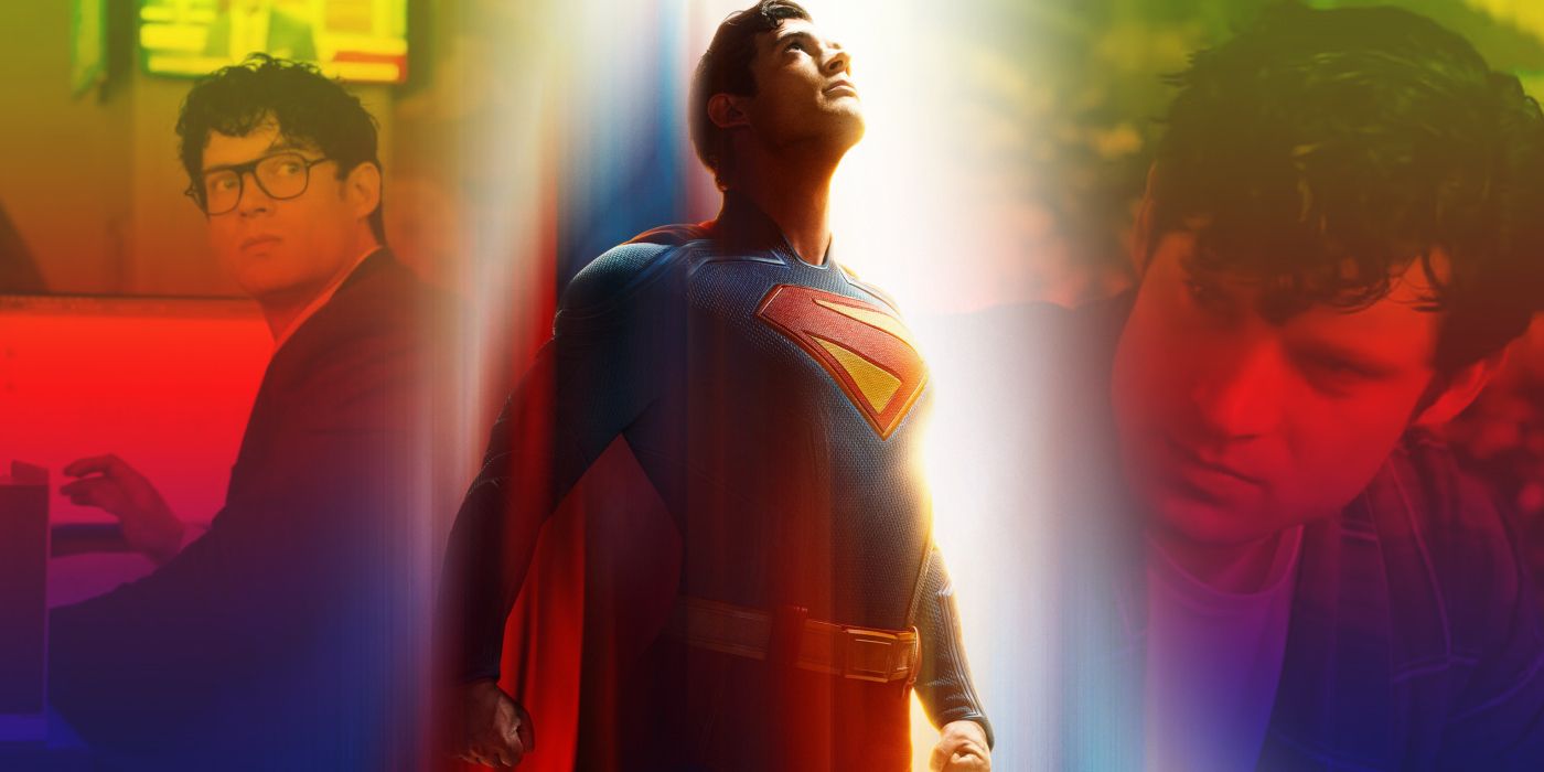 Split image of David Corenswet as Clark Kent and Superman