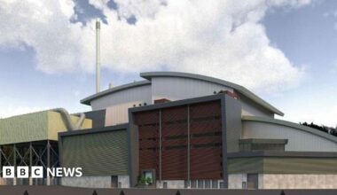 An artist's impression of a waste incinerator site, with a tall white chimney