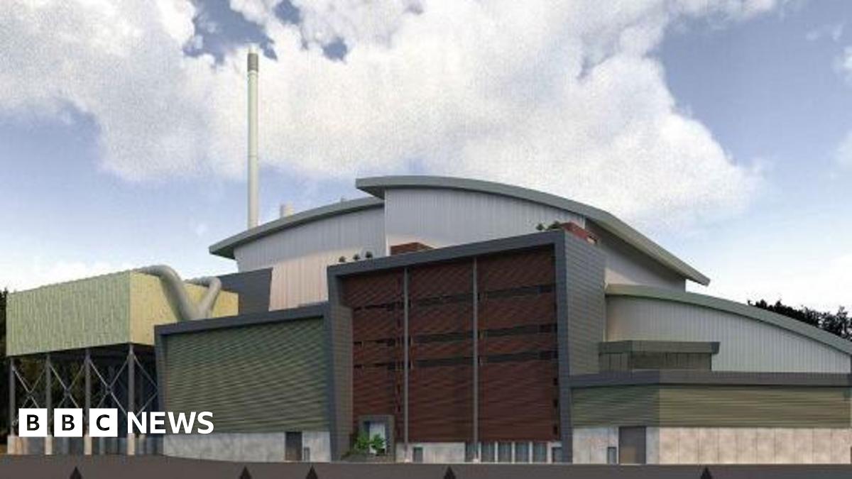 An artist's impression of a waste incinerator site, with a tall white chimney
