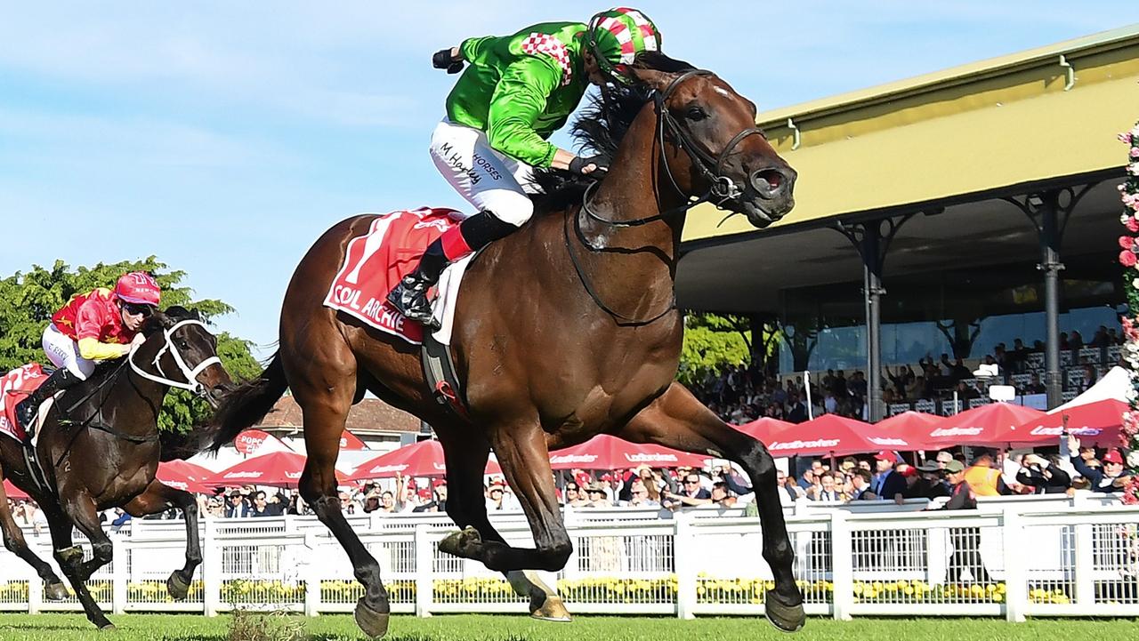 The Chris and Corey Munce-trained colt Cool Archie, ridden by Martin Harley, races away to win the Group 1 JJ Atkins at Eagle Farm. Picture: Grant Peters / Trackside Photography