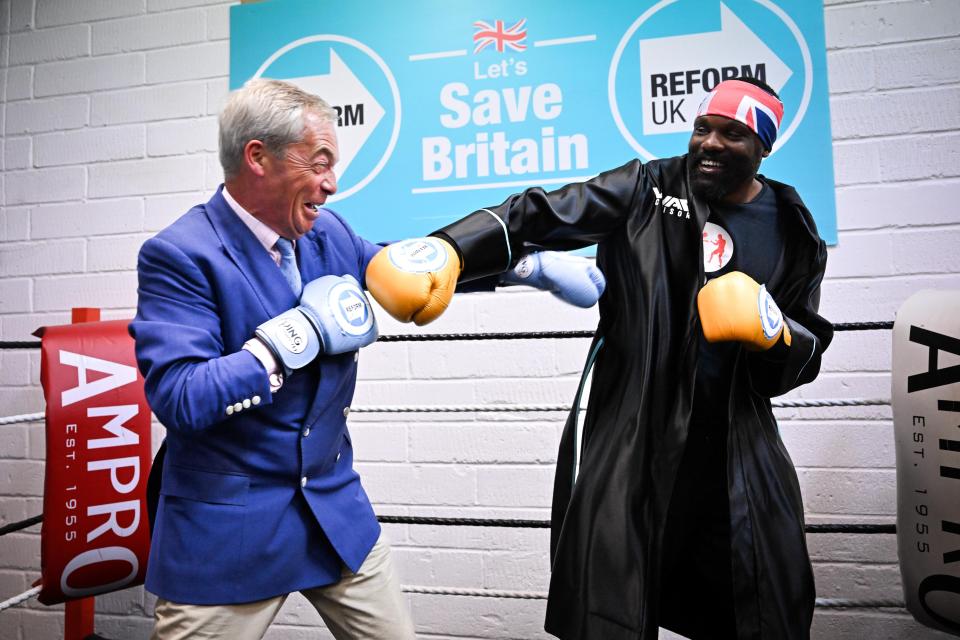 Nigel Farage and Derek Chisora boxing.