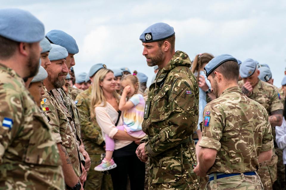 Prince William, Prince of Wales (R) meets members of the 4 Regiment Army Air Corps (4AAC) at the Army Air Corps, in Wattisham, eastern England, on June 4, 2025. (Photo by Arthur Edwards/POOL/ FP via Getty Images)