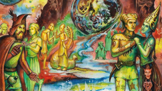 dungeon crawl classics - a group of people communing in a river from an orb