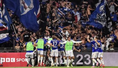 Sampdoria players celebrate after Massimo Coda's goal