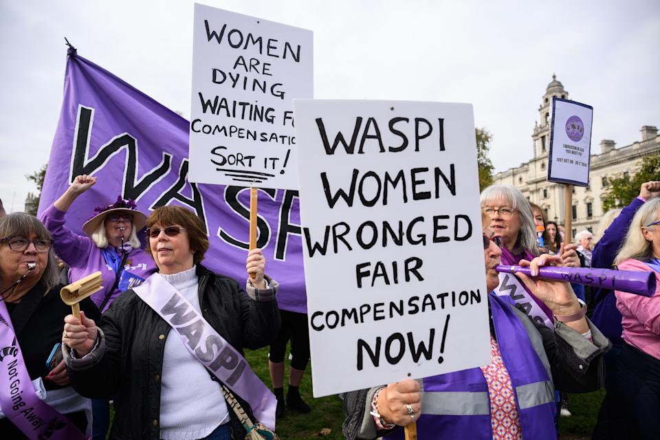 LONDON, ENGLAND - OCTOBER 30: Protestors from the WASPI (Women Against State Pension Inequality) group demonstrate outside the Houses of Parliament ahead of the government's annual budget to Parliament on October 30, 2024 in London, England. This is the first Budget presented by the new Labour government and Chancellor of the Exchequer, Rachel Reeves. (Photo by Leon Neal/Getty Images)
