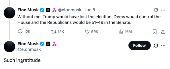 Tweet claims influence on Trump's election, predicts political outcomes. Follow-up tweet calls this "ingratitude."