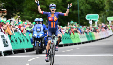 SALTBURNBYTHESEA ENGLAND JUNE 06 Mara Roldan of Canada and Team Picnic PostNL celebrates at finish line as stage winner during the 10th Tour of Britain Women 2025 Stage 2 a 1143km stage from Hartlepool to SaltburnbytheSea UCIWWT on June 06 2025 in SaltburnbytheSea England Photo by Alex BroadwayGetty Images