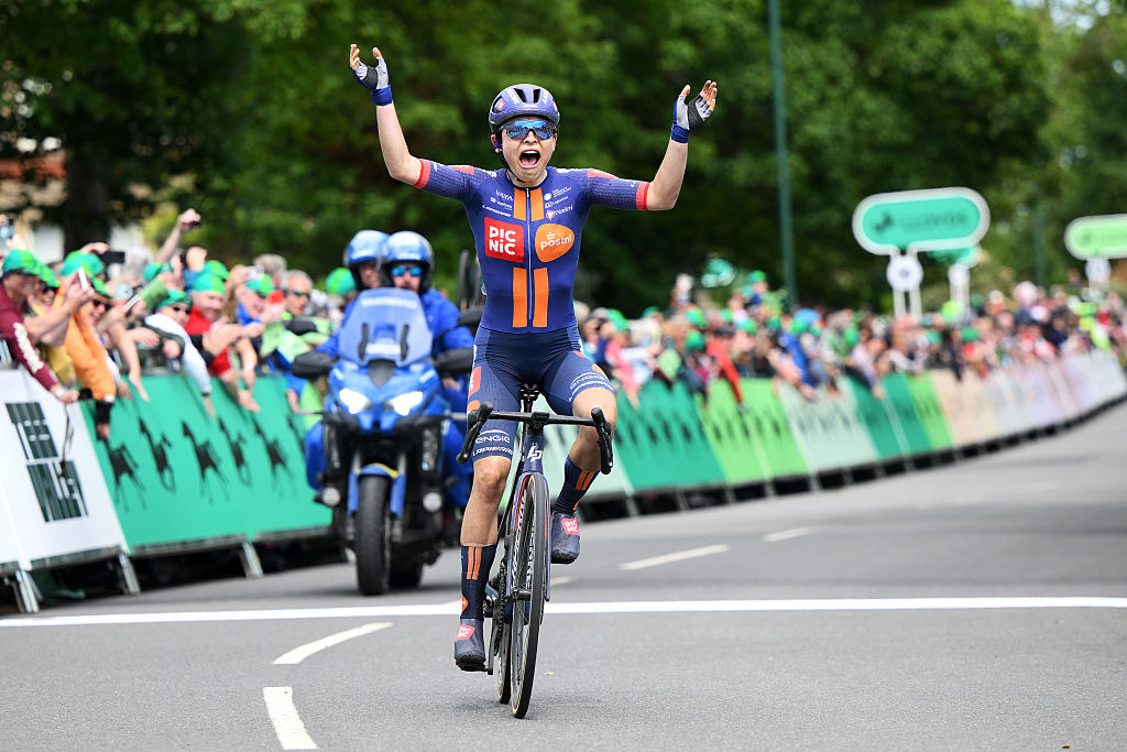 SALTBURNBYTHESEA ENGLAND JUNE 06 Mara Roldan of Canada and Team Picnic PostNL celebrates at finish line as stage winner during the 10th Tour of Britain Women 2025 Stage 2 a 1143km stage from Hartlepool to SaltburnbytheSea UCIWWT on June 06 2025 in SaltburnbytheSea England Photo by Alex BroadwayGetty Images