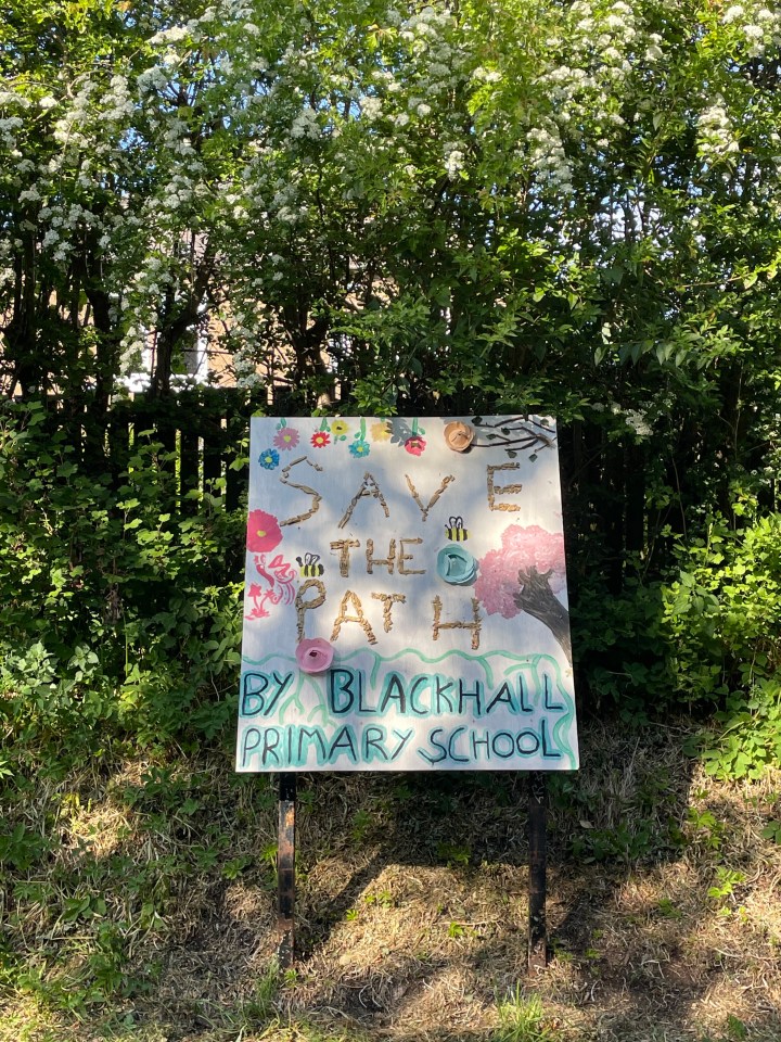 Sign made by primary school children reading "Save the Path" by Blackhall Primary School.