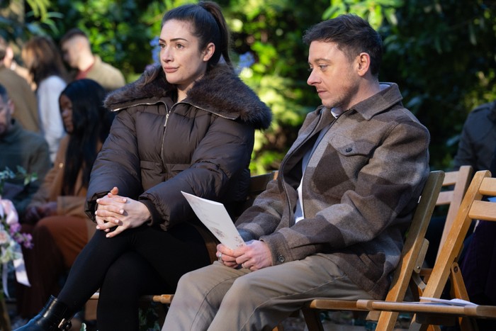 Victoria and Matty at Amy's funeral in Emmerdale