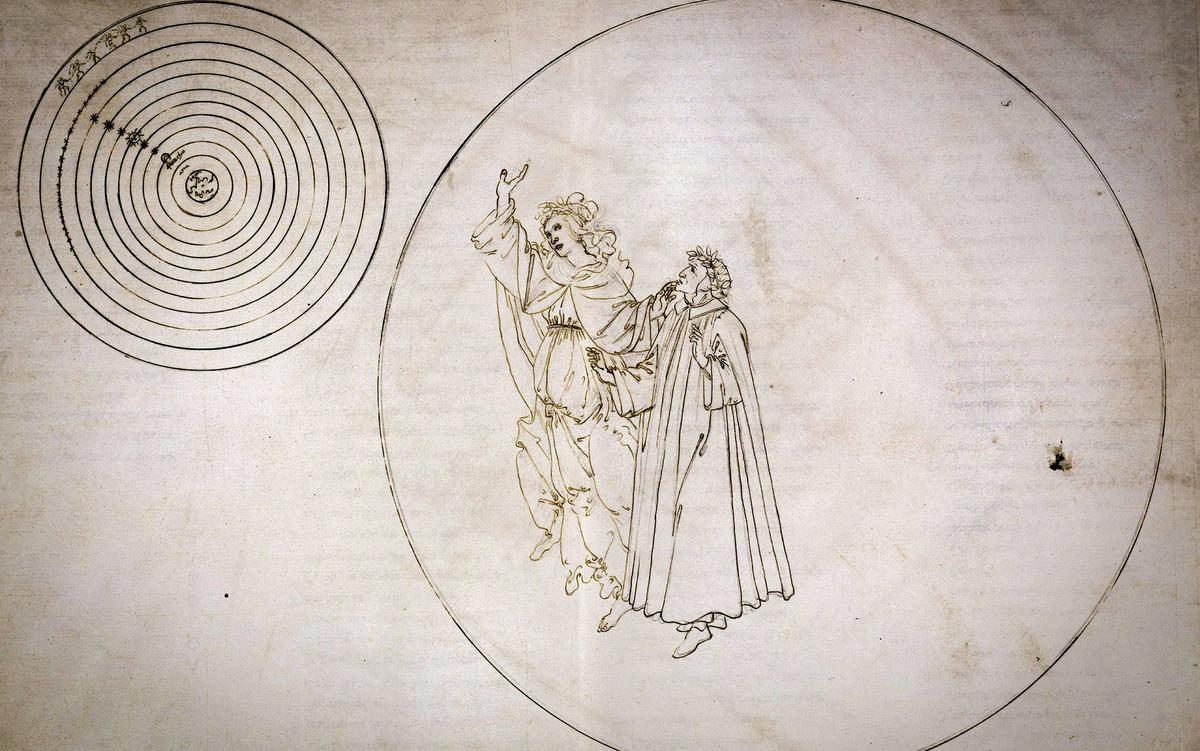 Renaissance drawing of two figures in robes in a circle on aged paper. One figure points to a celestial object composed of concentric circles on the left.