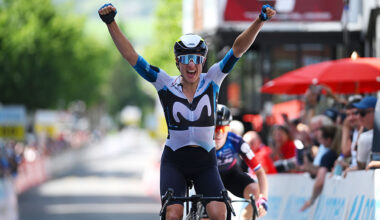 Marlen Reusser of Switzerland and Team Movistar celebrates at finish line as stage winner during the 5th Tour de Suisse Women 2025, Stage 1 a 95.5km stage from Gstaad to Gstaad 1047m / #UCIWWT / on June 12, 2025 in Gstaad, Switzerland. (Photo by Tim de Waele/Getty Images)