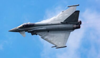 Royal Air Force Eurofighter Typhoon fighter jet plane flying.