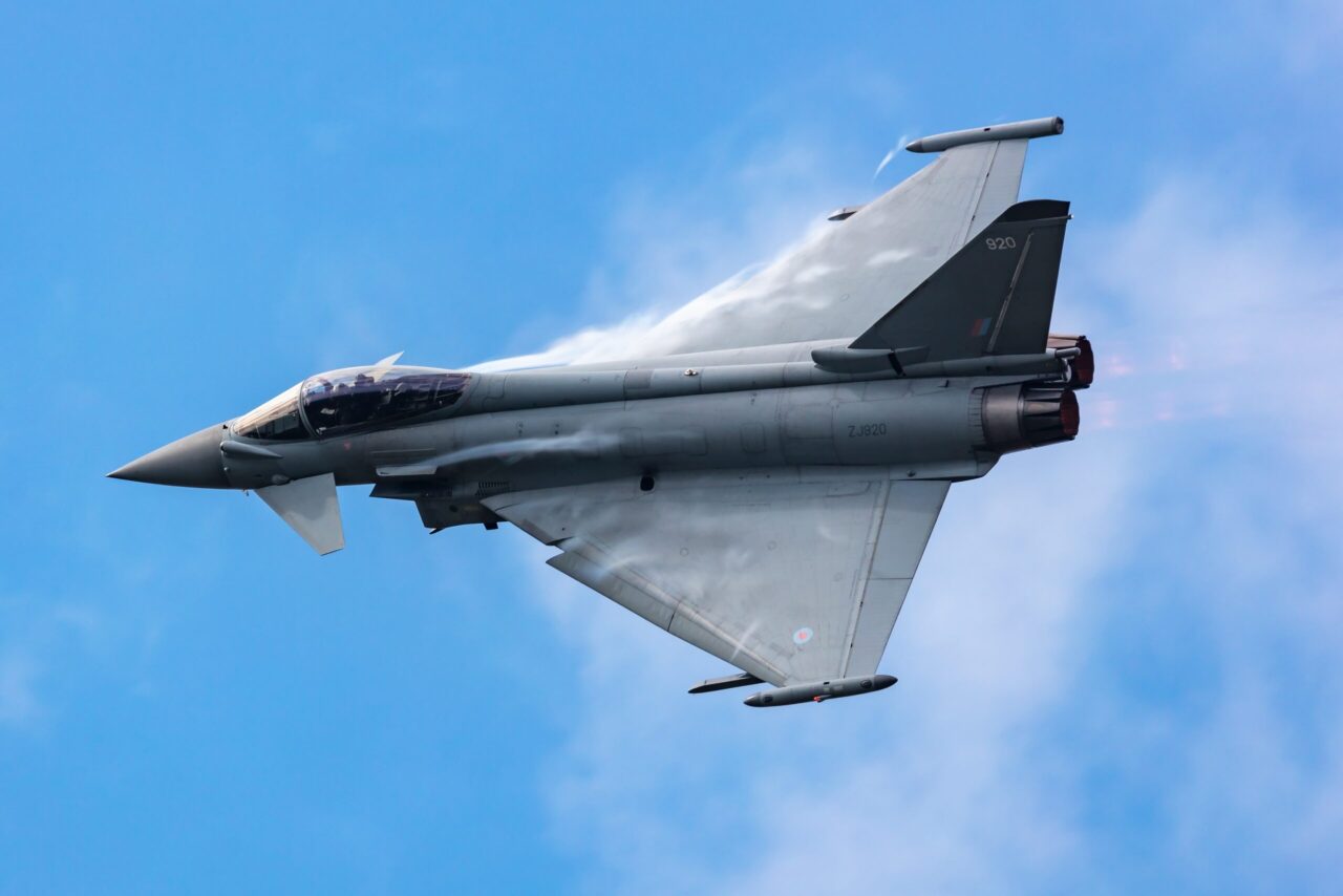 Royal Air Force Eurofighter Typhoon fighter jet plane flying.