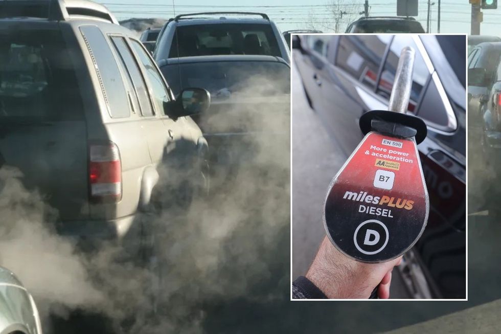 Exhaust smoke from petrol and diesel cars and a diesel pump