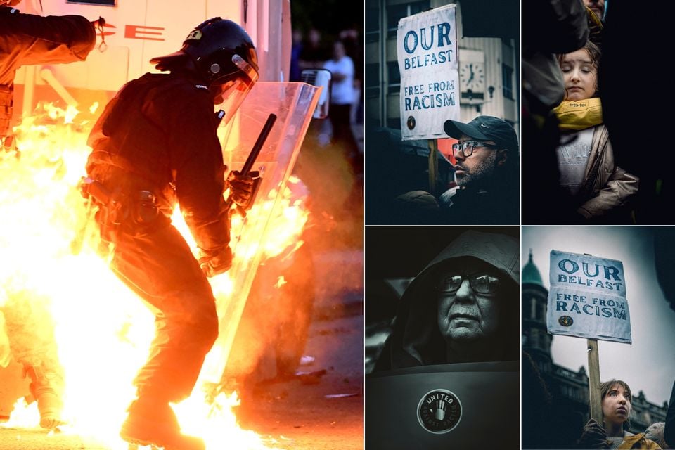 A PSNI officer is engulfed in flames from a petrol bomb in Portadown (Photo Alan Lewis) and an anti-racism rally taking place at Belfast City Hall (Photos by Kevin Scott)