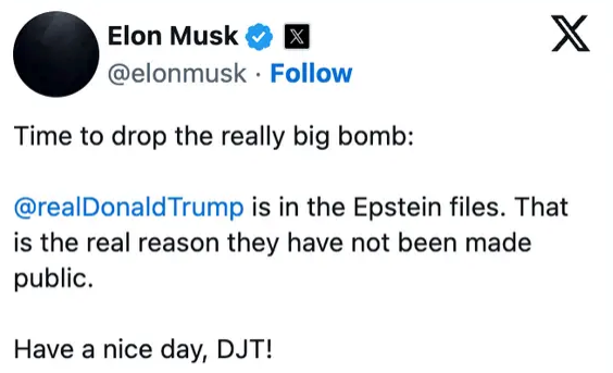 Screenshot of a social media post from an account named Elon Musk, suggesting a connection between Donald Trump and the Epstein files