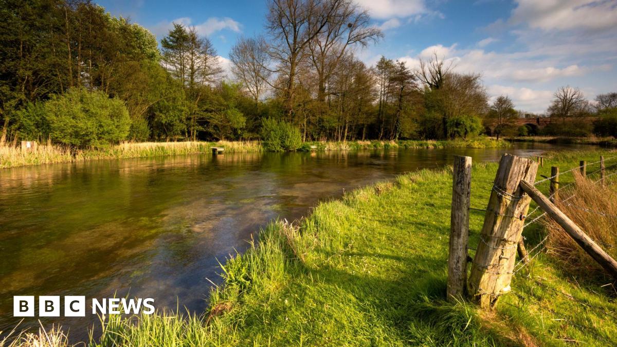 A stretch of the chalkstream river Itchen near Twyford, Hampshire, popular for trout fishing - stock photo