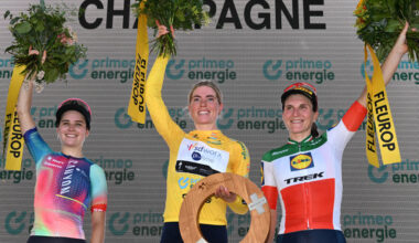 CHAMPAGNE SWITZERLAND JUNE 18 LR Neve Bradbury of Australia and Team CanyonSram Racing on second place race winner Demi Vollering of The Netherlands and Team SD WorxProtime Yellow Leader Jersey and Elisa Longo Borghini of Italy and Team LidlTrek on third place pose on the podium ceremony after the 4th Tour de Suisse Women 2024 Stage 4 a 1275km stage from Champagne to Champagne UCIWWT on June 18 2024 in Champagne Switzerland Photo by Tim de WaeleGetty Images
