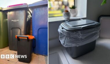 Composite shot of two images. The first shows a row of bins with a smaller orange-topped food waste bin in front. The second shows a smaller indoor bin