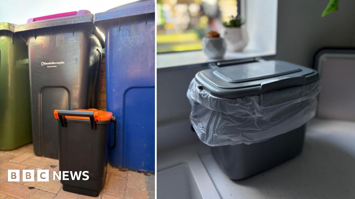 Composite shot of two images. The first shows a row of bins with a smaller orange-topped food waste bin in front. The second shows a smaller indoor bin