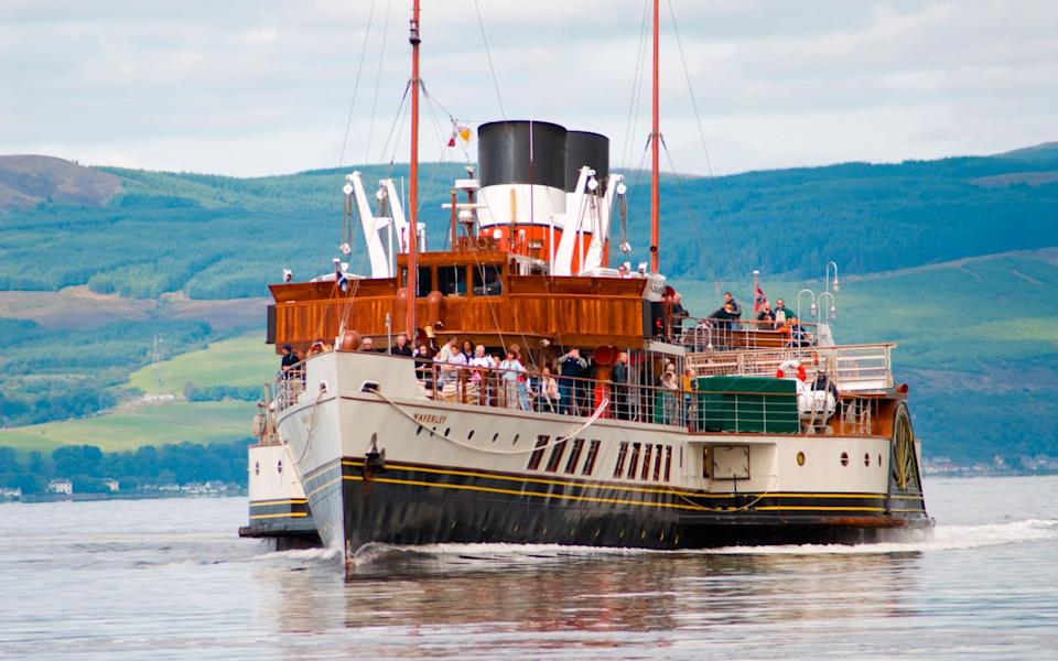 The paddle steamer Waverley approaching Largs pier on the Firth of Clyde