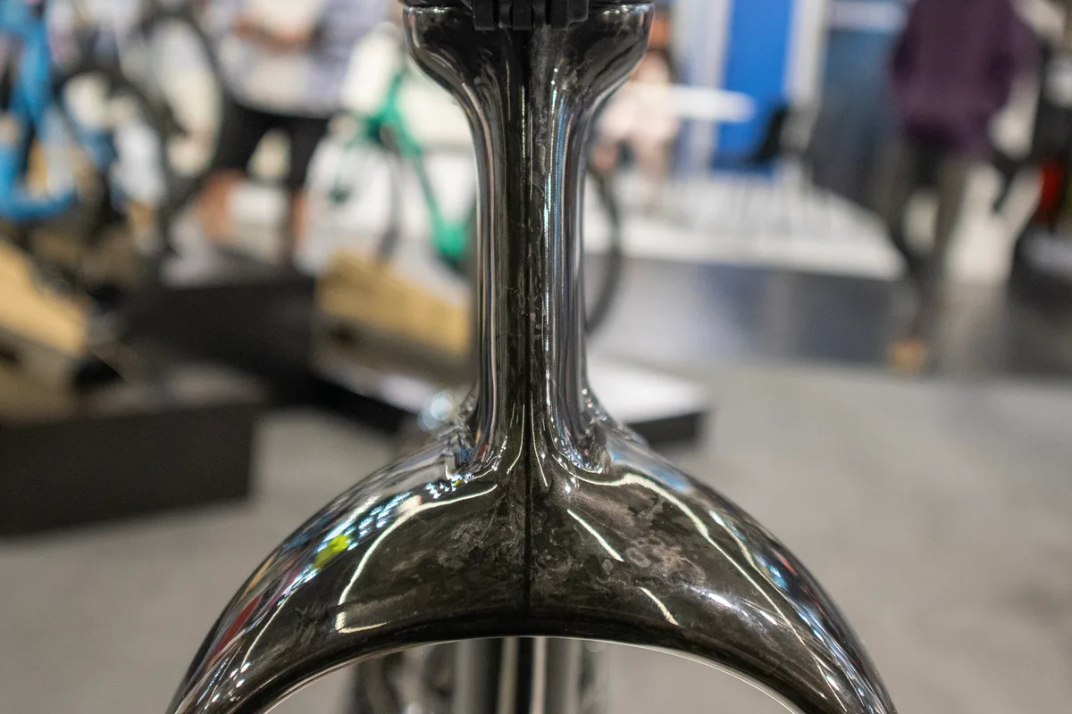 Narrow head tube on Factor aero bike.