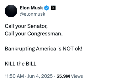 Tweet by Elon Musk urging people to call their Senators and Congressmen to oppose a bill, stating it would bankrupt America