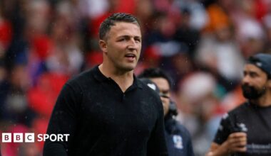 Warrington head coach Sam Burgess on the touchline at Wembley
