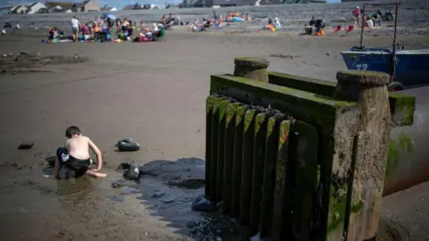 Getty Images Summer holidaymakers play and relax next to a storm overflow pipe that discharges into the sea in Borth, Wales. 