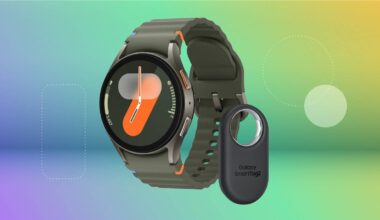A Samsung smartwatch and a Bluetooth tracker against a green gradient CNET background.