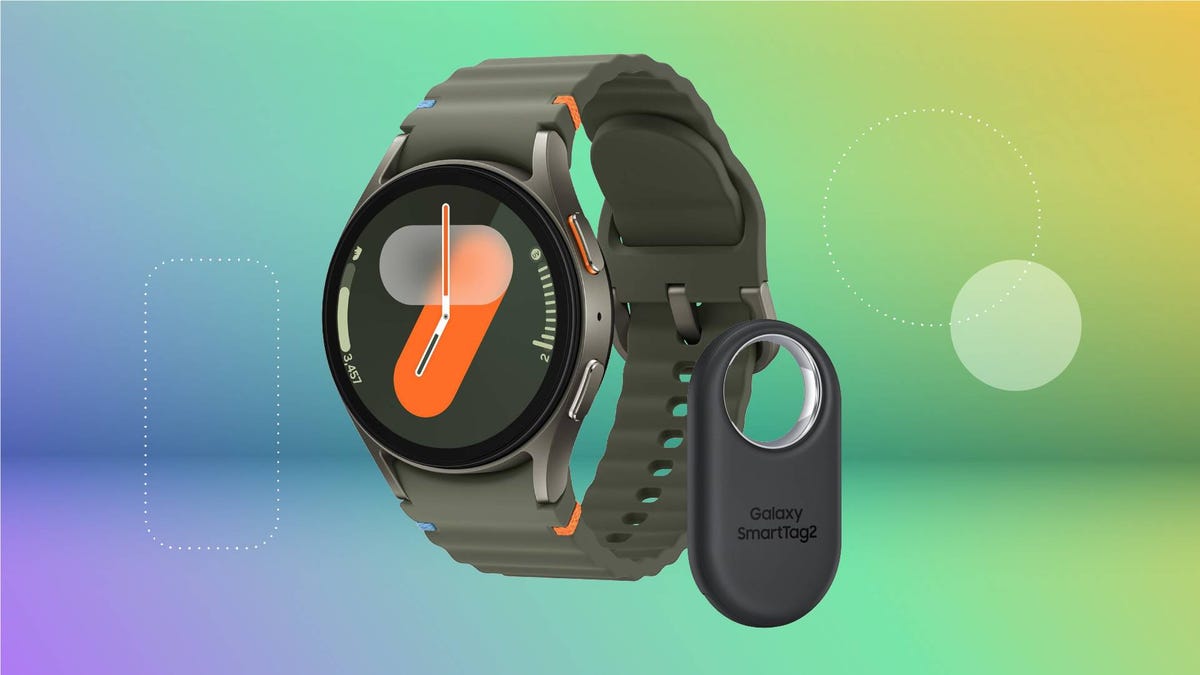 A Samsung smartwatch and a Bluetooth tracker against a green gradient CNET background.