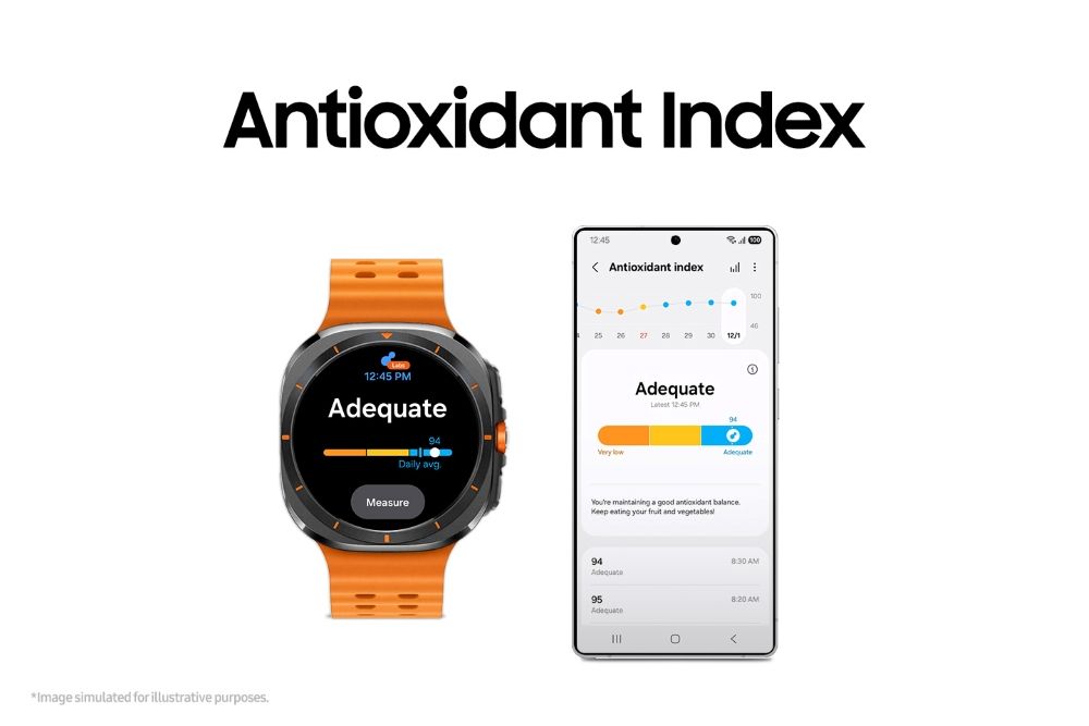 A graphic of a Galaxy Watch and a Galaxy phone showing an upcoming Antioxidant Index feature.