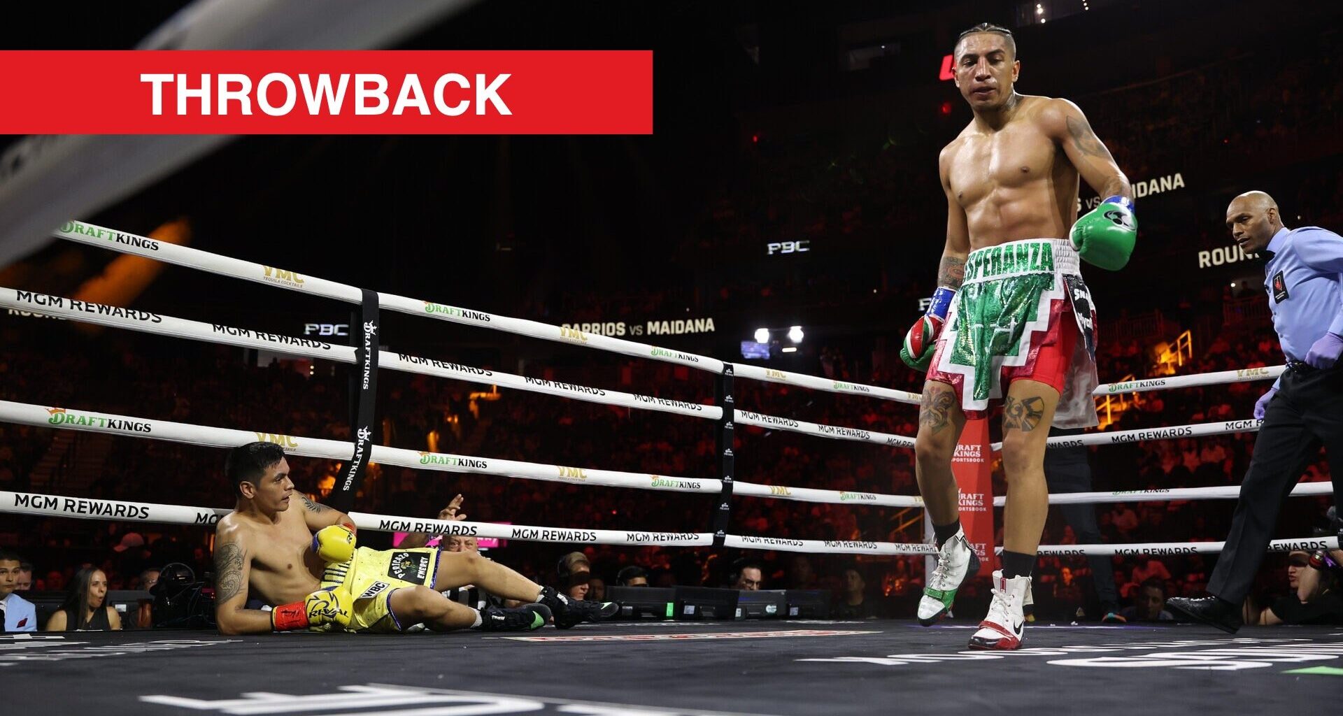 Mario Barrios after knocking down Fabian Maidana with throwback label