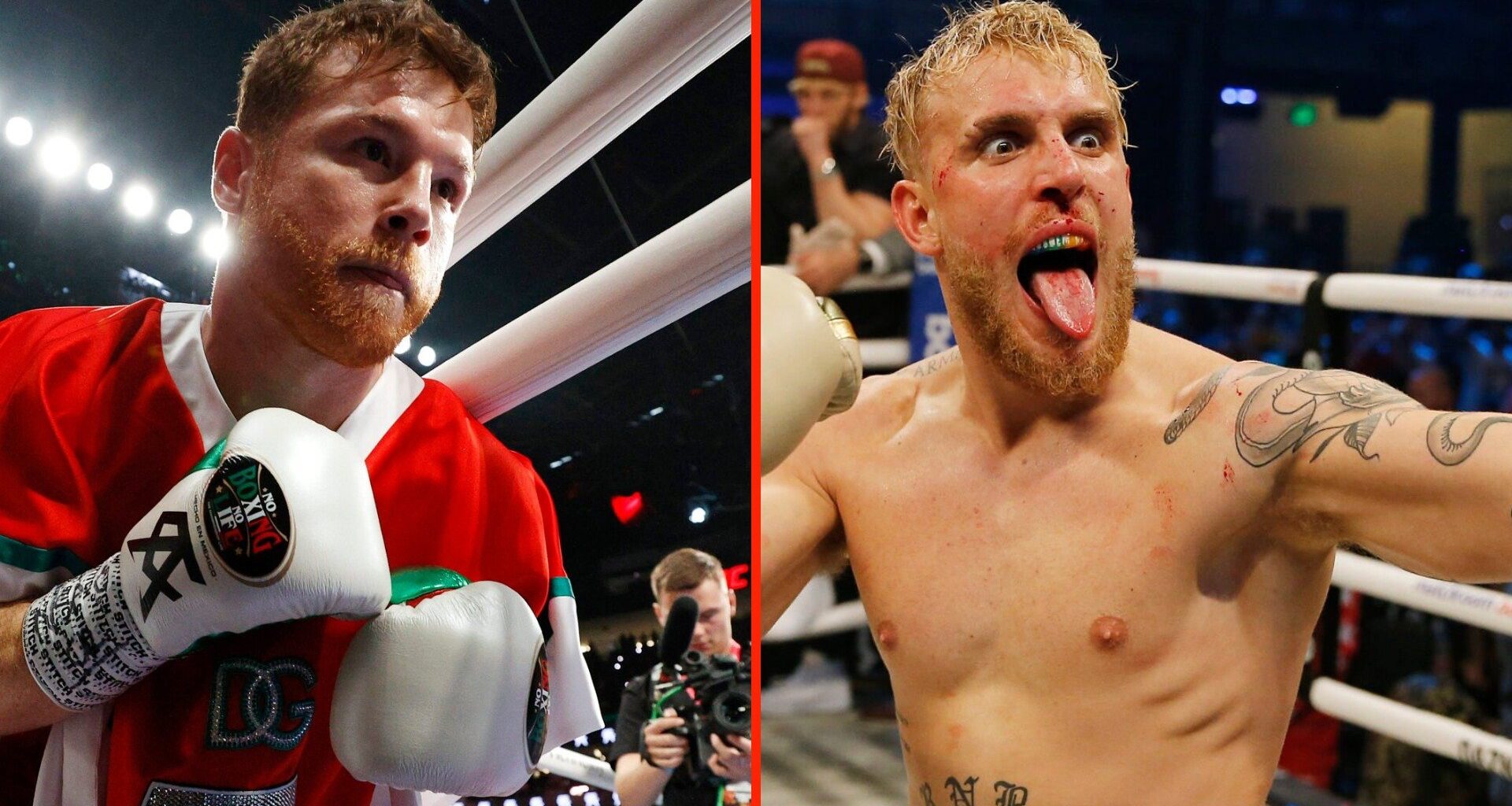 Canelo Alvarez enters the ring before his fight against Gennadiy Golovkin and Jake Paul celebrates after defeating AnEsonGib in a first round knockout