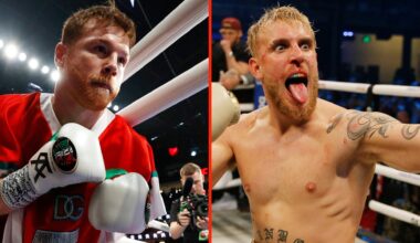 Canelo Alvarez enters the ring before his fight against Gennadiy Golovkin and Jake Paul celebrates after defeating AnEsonGib in a first round knockout