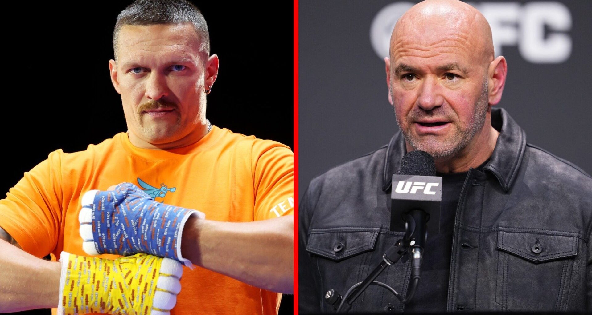Oleksandr Usyk during an open workout and Dana White speaking at the 2024 UFC Season Press Conference