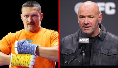 Oleksandr Usyk during an open workout and Dana White speaking at the 2024 UFC Season Press Conference