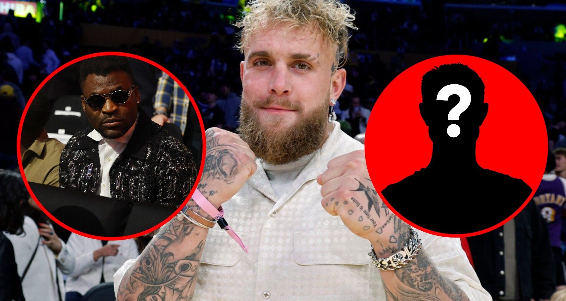 Main: Jake Paul poses while attending a Los Angeles Lakers basketball game. Left Inset: Francis Ngannou in attendance for the Oleksandr Usyk vs. Ty...