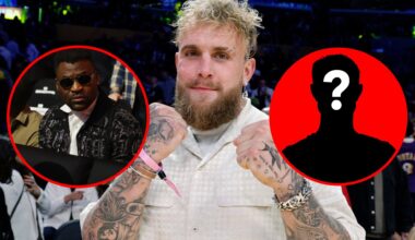 Main: Jake Paul poses while attending a Los Angeles Lakers basketball game. Left Inset: Francis Ngannou in attendance for the Oleksandr Usyk vs. Ty...