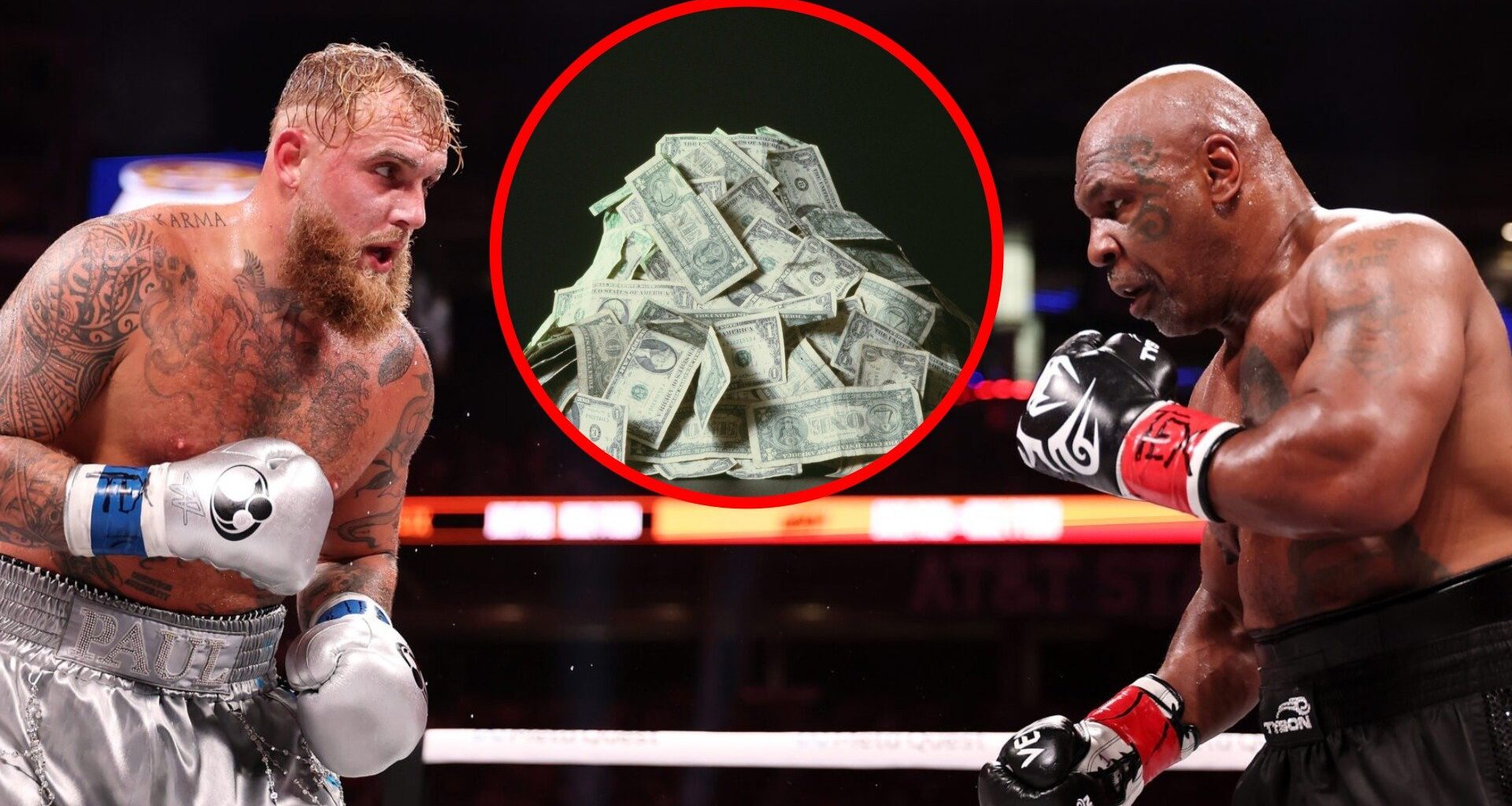 Jake Paul and Mike Tyson during their fight, inset a stack of dollar bills.