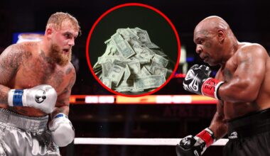 Jake Paul and Mike Tyson during their fight, inset a stack of dollar bills.