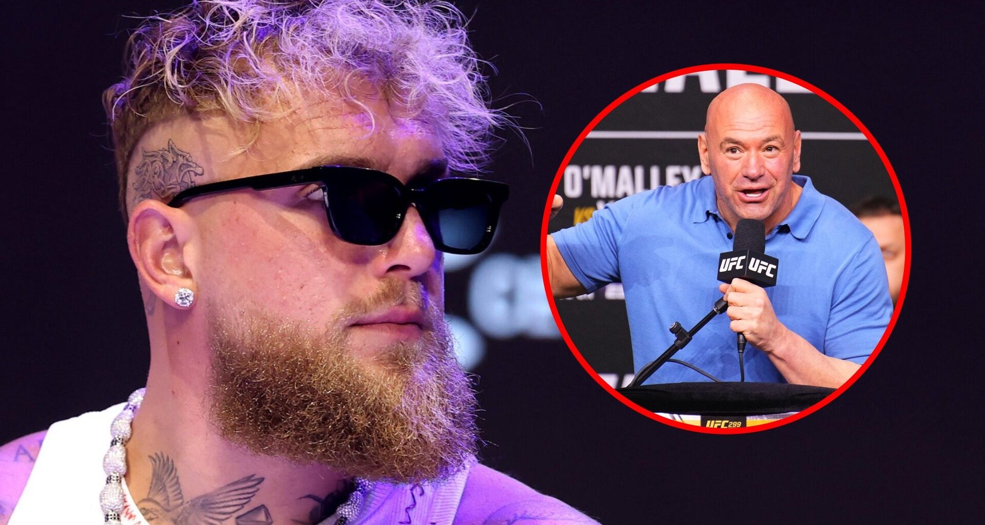 Main: Jake Paul on stage for a press conference ahead of his boxing match against Julio Cesar Chavez Jr. Inset: Dana White speaks on stage at the U...