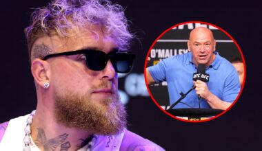 Main: Jake Paul on stage for a press conference ahead of his boxing match against Julio Cesar Chavez Jr. Inset: Dana White speaks on stage at the U...