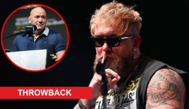 Jake Paul gestures during the press conference for his fight with Mike Tyson, inset Dana White on stage at the UFC 308 press conference, inset thro...